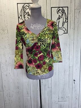 Tribal Floral Sheer Mesh Top Medium 3/4 Sleeve Stretch Boho Art Print Business